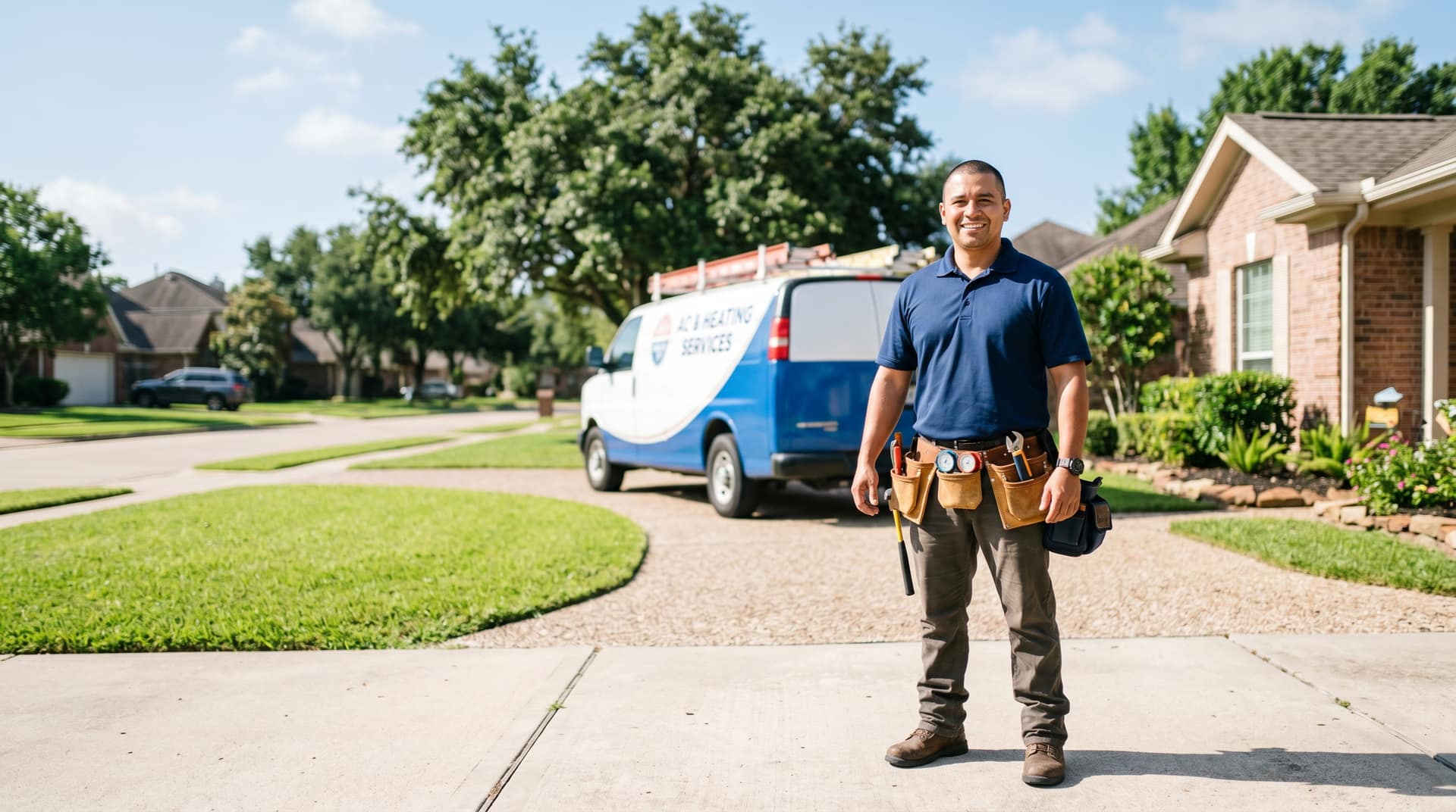 Licensed Example HVAC Co. technician with a service van in a Houston driveway